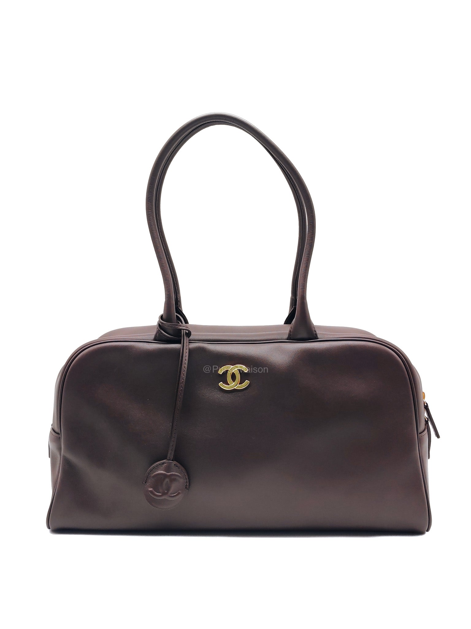 Chanel Large Bowling Bag in Dark Brown Calfskin Leather and Gold Hardware (Microchip)