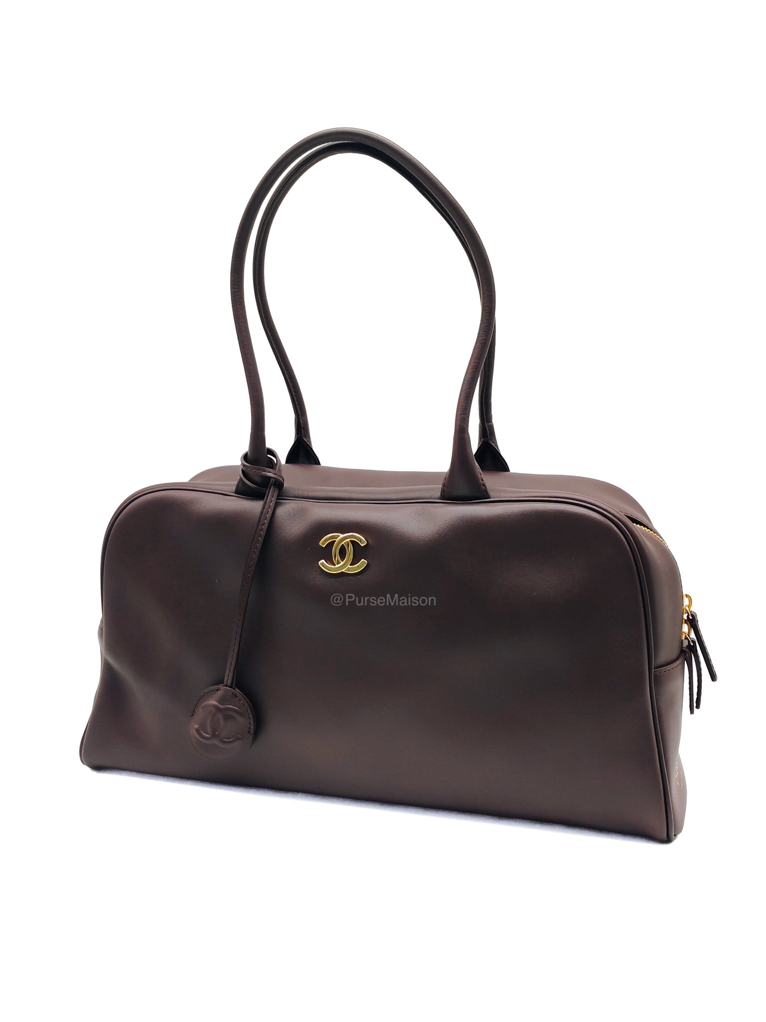 Chanel Large Bowling Bag in Dark Brown Calfskin Leather and Gold Hardware (Microchip)