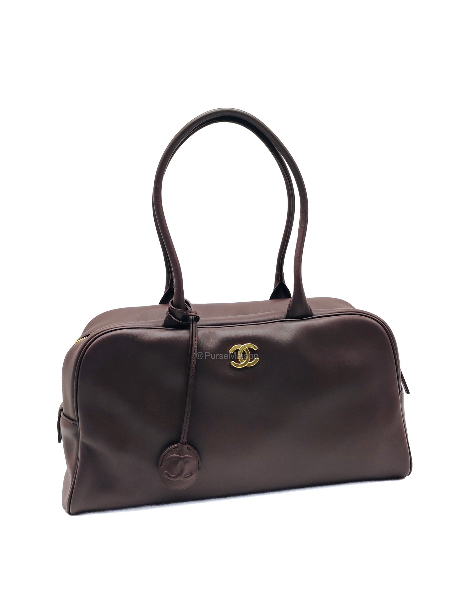 Chanel Large Bowling Bag in Dark Brown Calfskin Leather and Gold Hardware (Microchip)