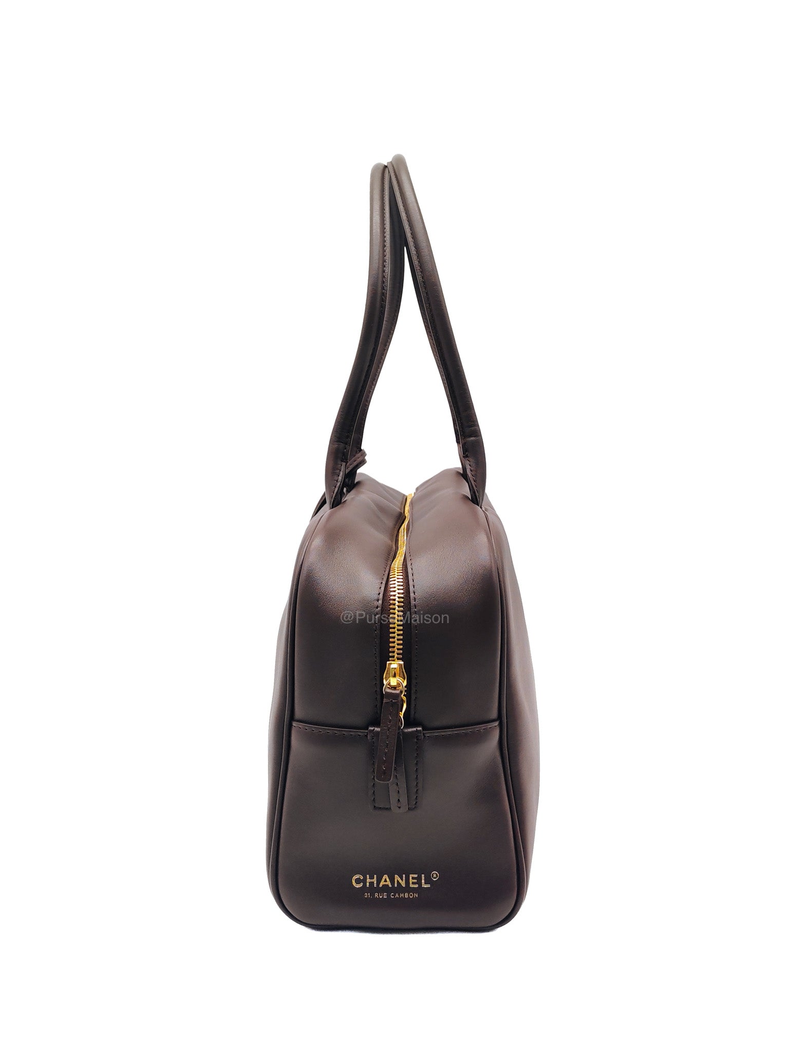 Chanel Large Bowling Bag in Dark Brown Calfskin Leather and Gold Hardware (Microchip)