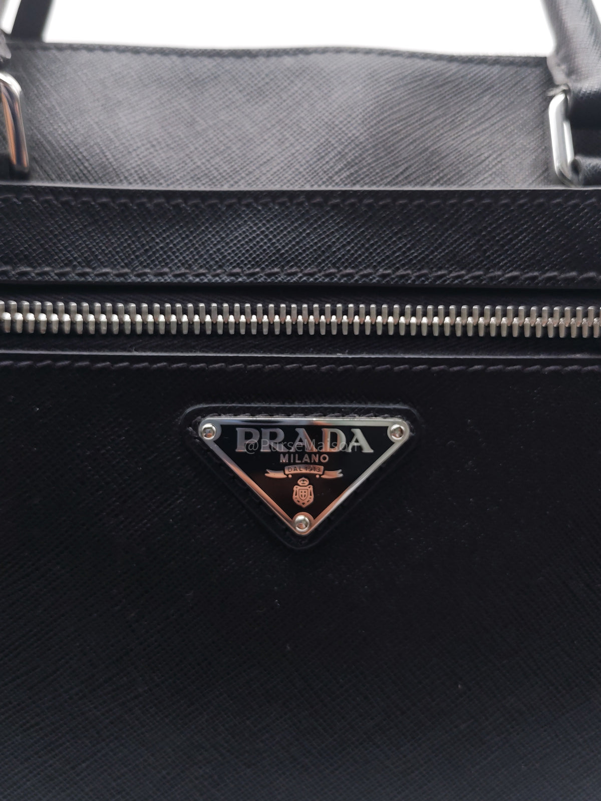 Prada Briefcase/Work Tote Bag in Black Saffiano Leather and Silver Hardware