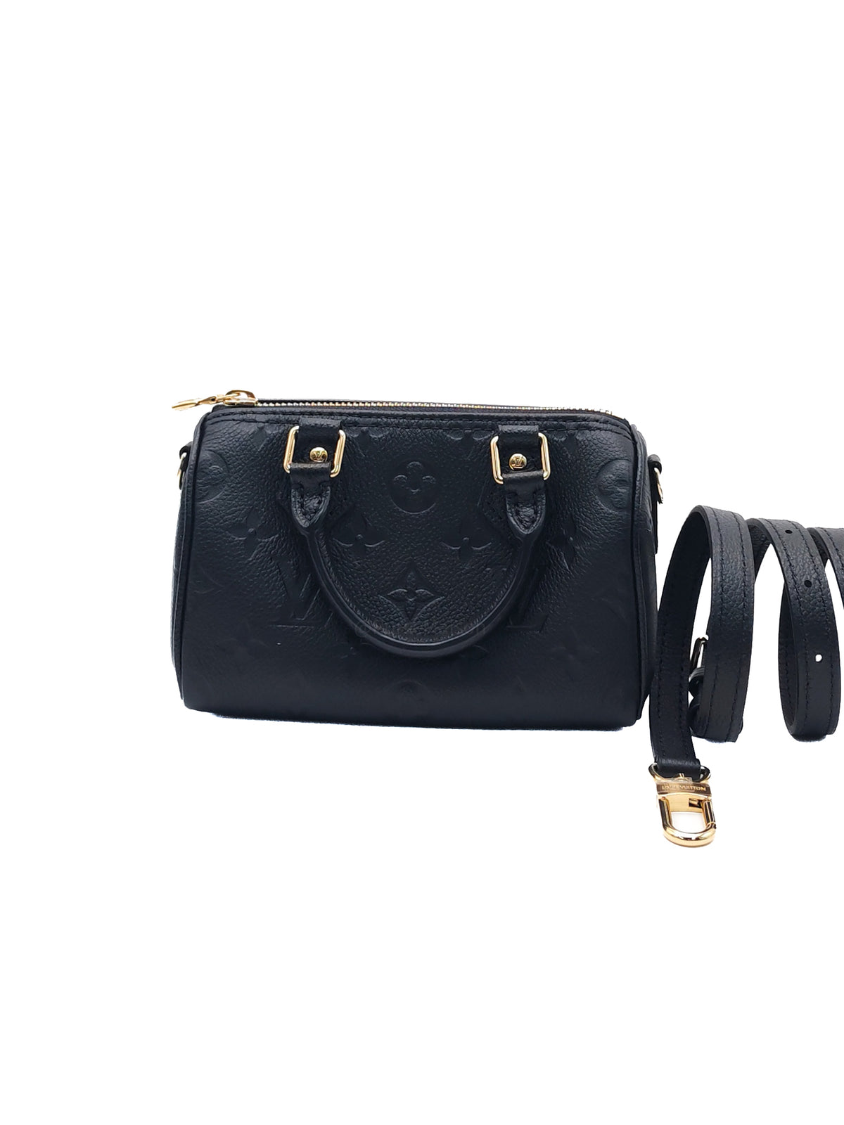 Louis Vuitton Nano Speedy Bandouliere in Black Monogram Empreinte Leather and Gold Hardware Microchip