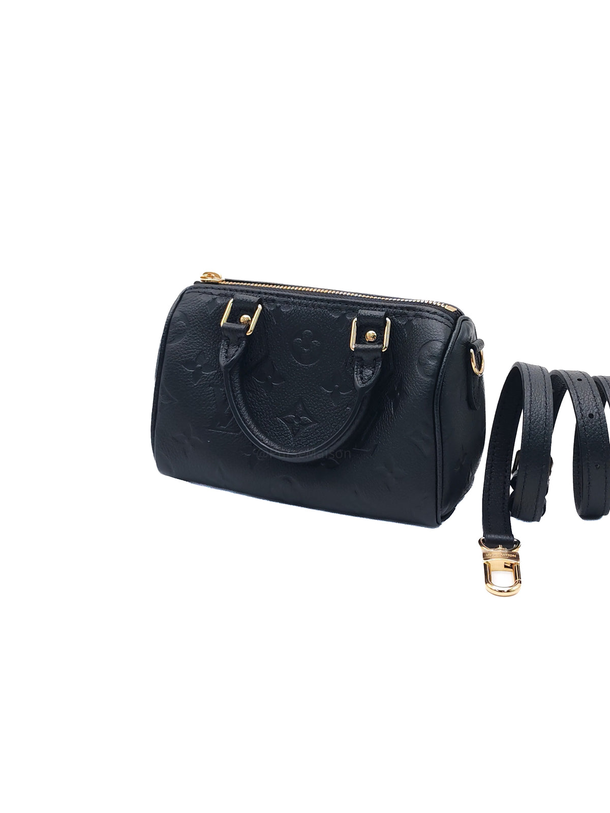 Louis Vuitton Nano Speedy Bandouliere in Black Monogram Empreinte Leather and Gold Hardware Microchip