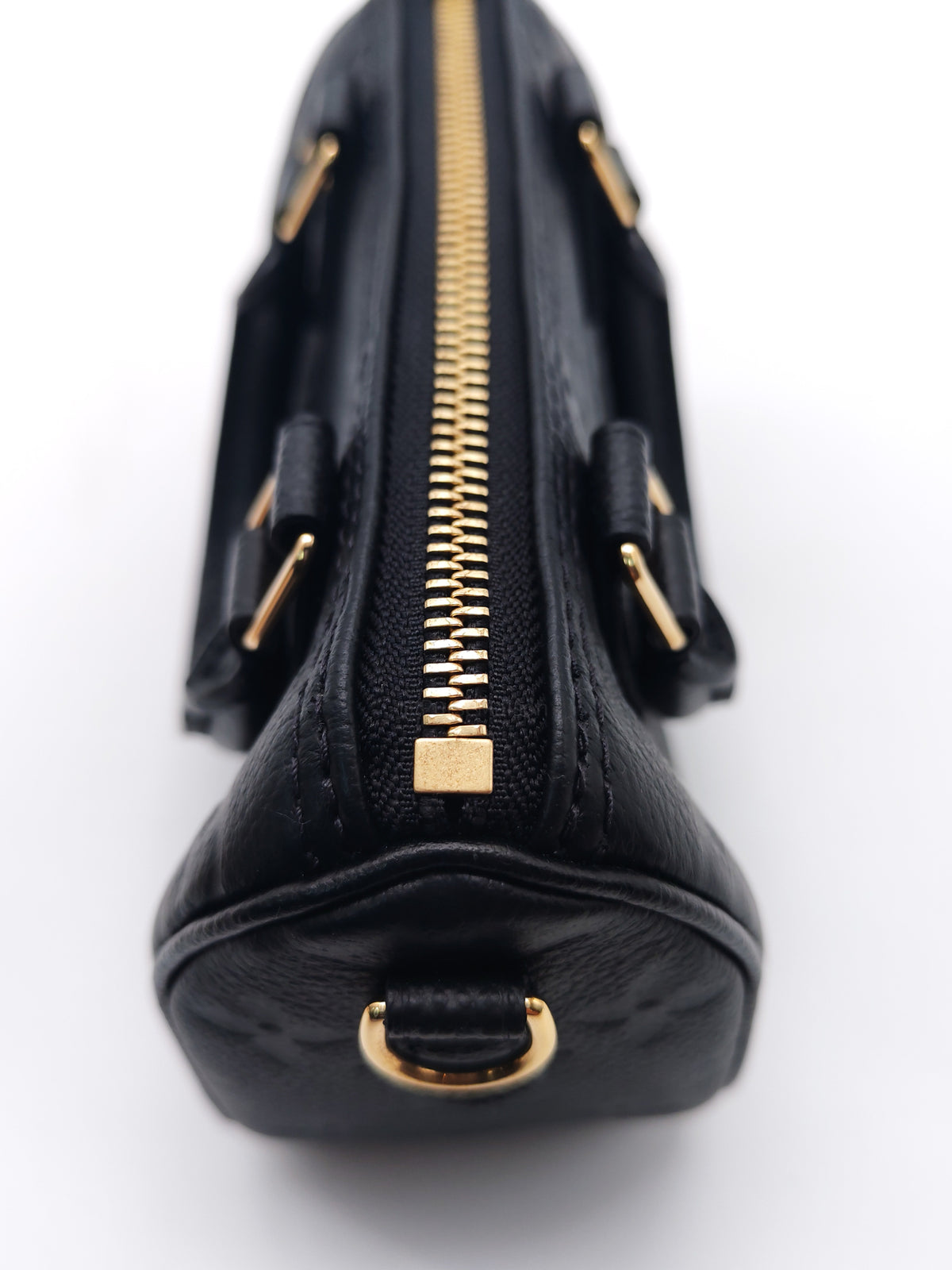 Louis Vuitton Nano Speedy Bandouliere in Black Monogram Empreinte Leather and Gold Hardware Microchip