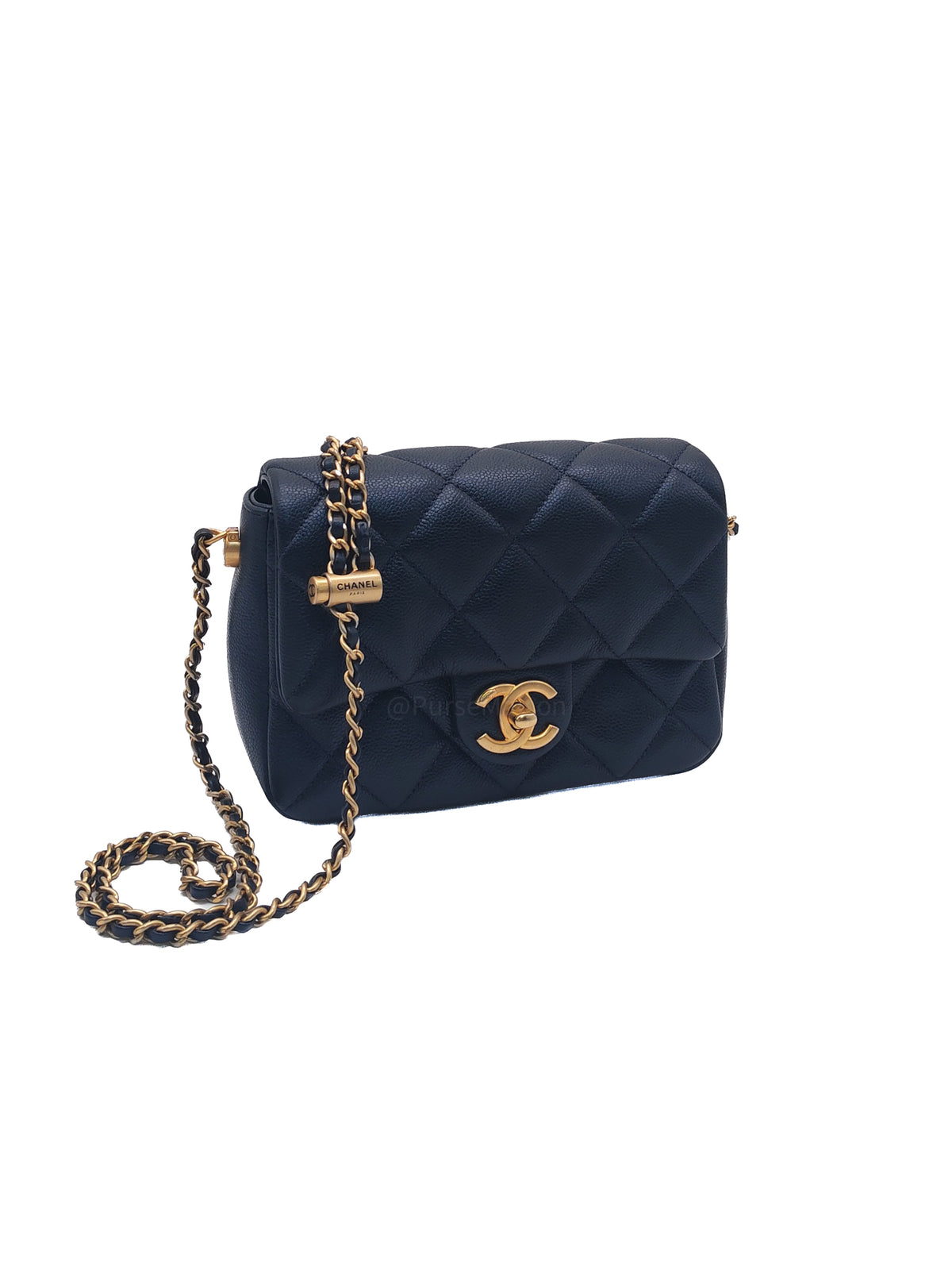 Chanel My Perfect Mini Flap Bag in Iridescent Dark Navy Blue Caviar Leather and Aged Gold Hardware Microchip (ET****U0)