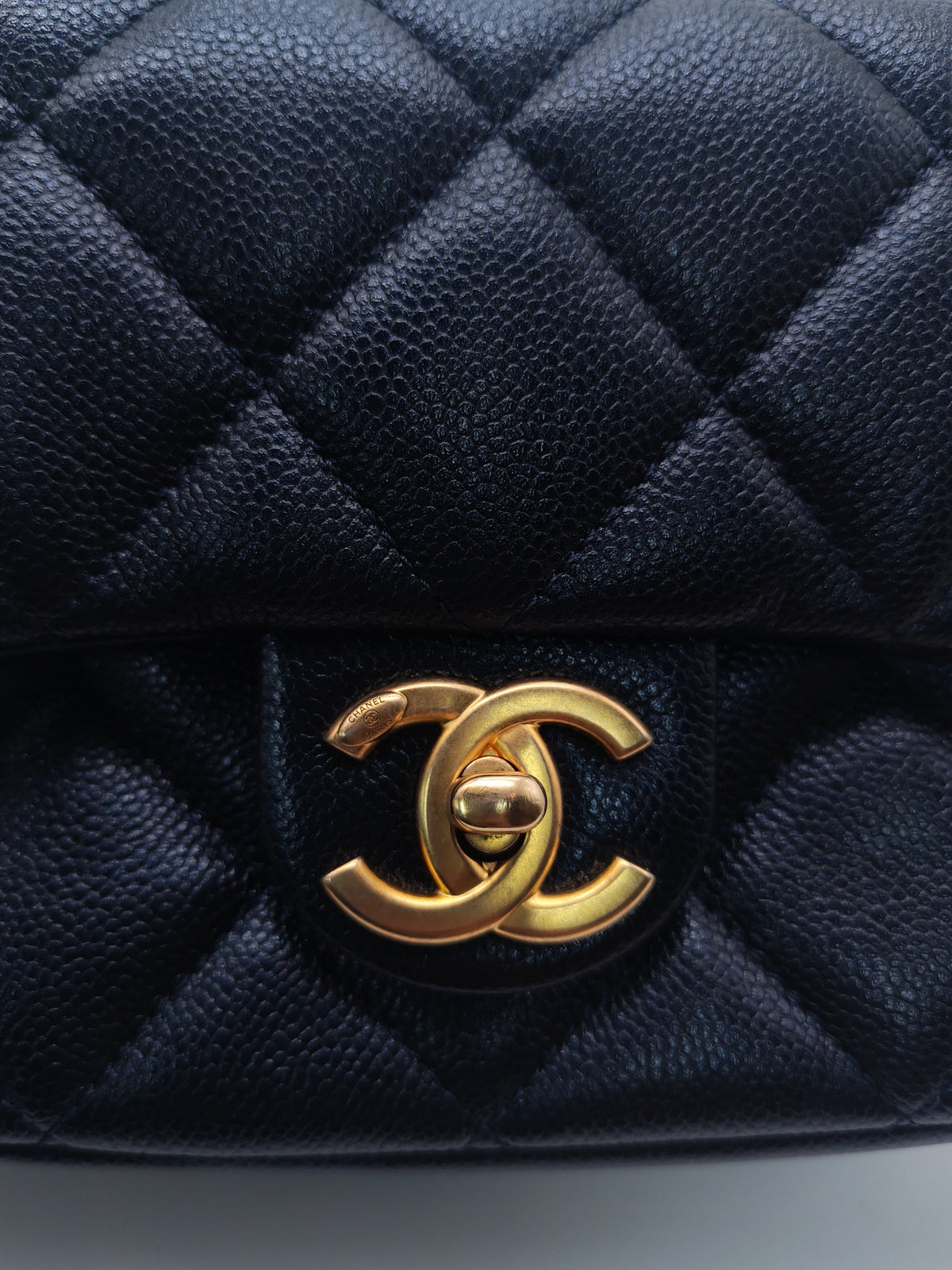 Chanel My Perfect Mini Flap Bag in Iridescent Dark Navy Blue Caviar Leather and Aged Gold Hardware Microchip (ET****U0)