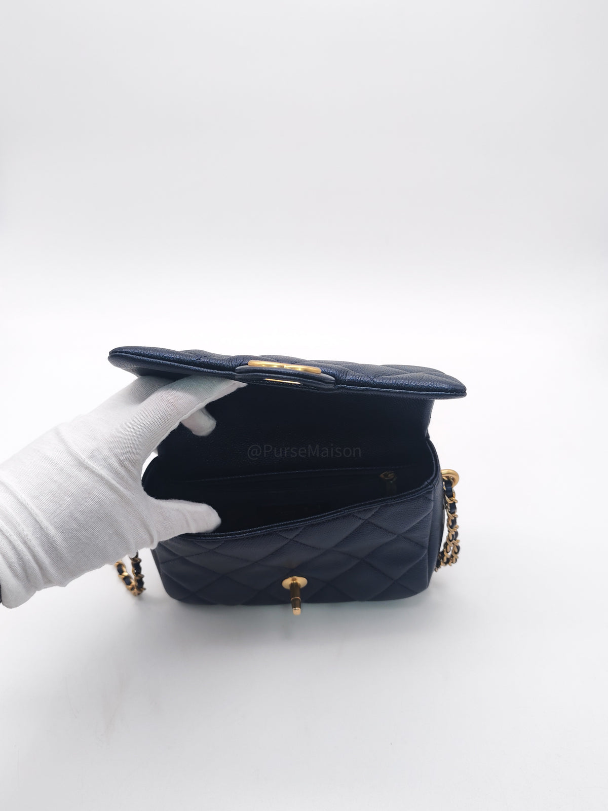 Chanel My Perfect Mini Flap Bag in Iridescent Dark Navy Blue Caviar Leather and Aged Gold Hardware Microchip (ET****U0)