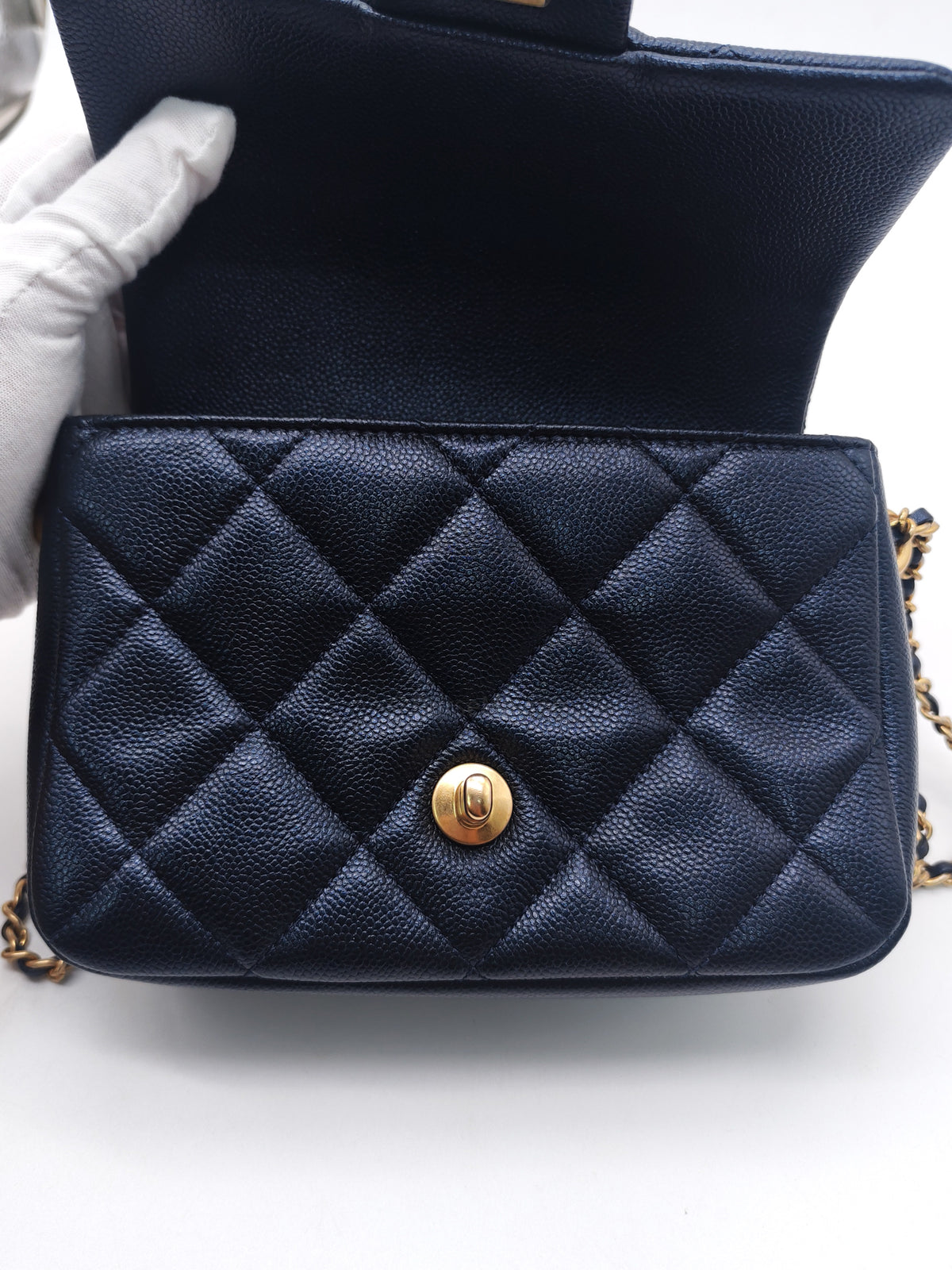 Chanel My Perfect Mini Flap Bag in Iridescent Dark Navy Blue Caviar Leather and Aged Gold Hardware Microchip (ET****U0)