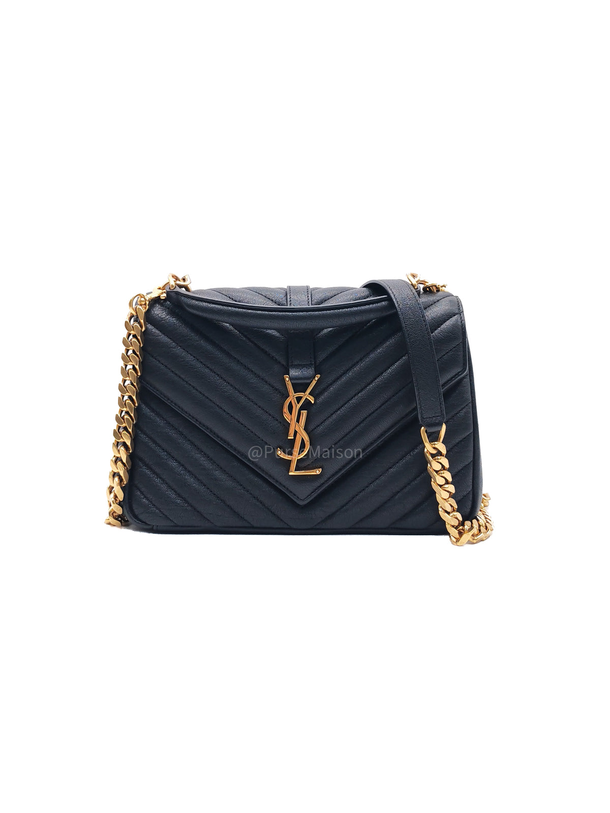 Yves Saint Laurent College Shoulder Bag Medium in Black Chevron Quilted Leather and Gold Hardware