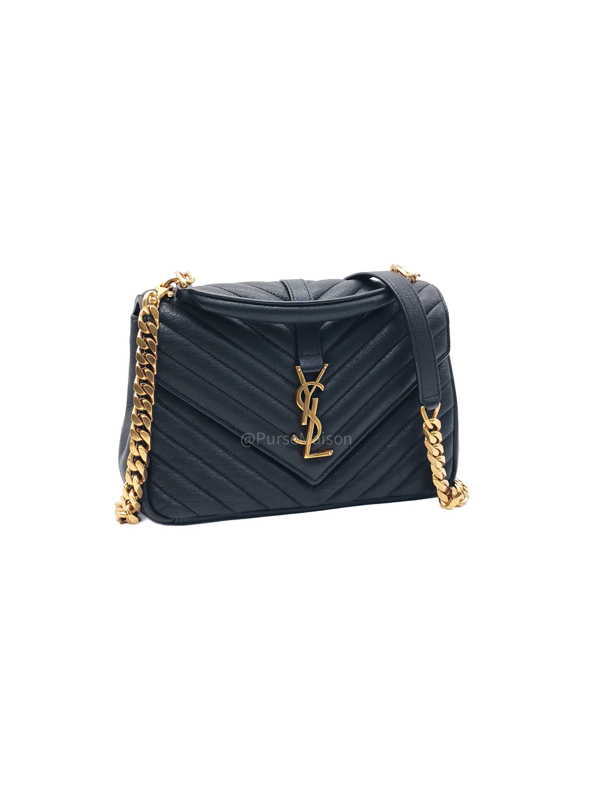 Yves Saint Laurent College Shoulder Bag Medium in Black Chevron Quilted Leather and Gold Hardware