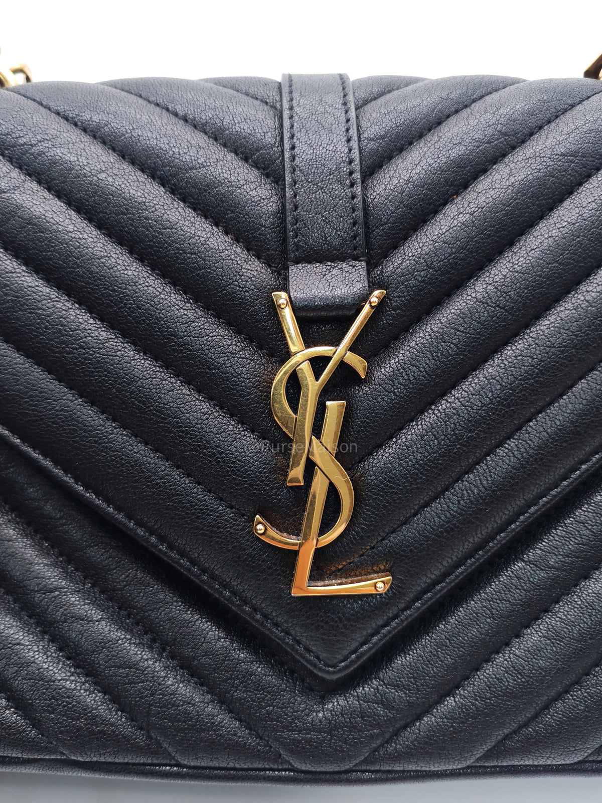 Yves Saint Laurent College Shoulder Bag Medium in Black Chevron Quilted Leather and Gold Hardware