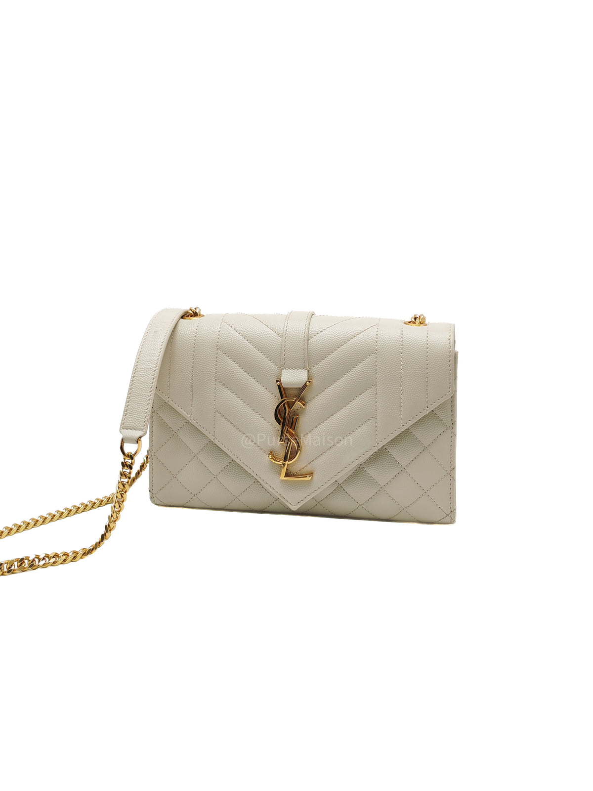 Yves Saint Laurent Monogram Envelope Bag Small in Off White Grain de Poudre Embossed Leather and Gold Hardware