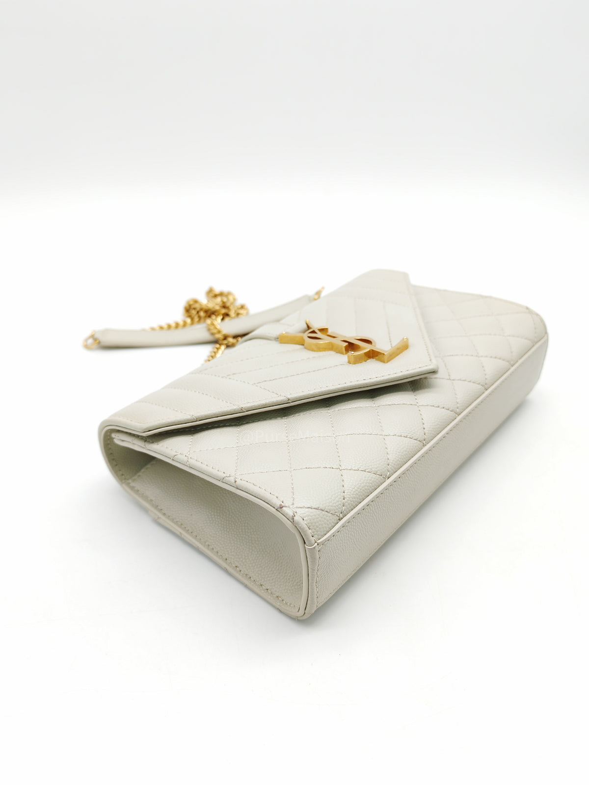 Yves Saint Laurent Monogram Envelope Bag Small in Off White Grain de Poudre Embossed Leather and Gold Hardware
