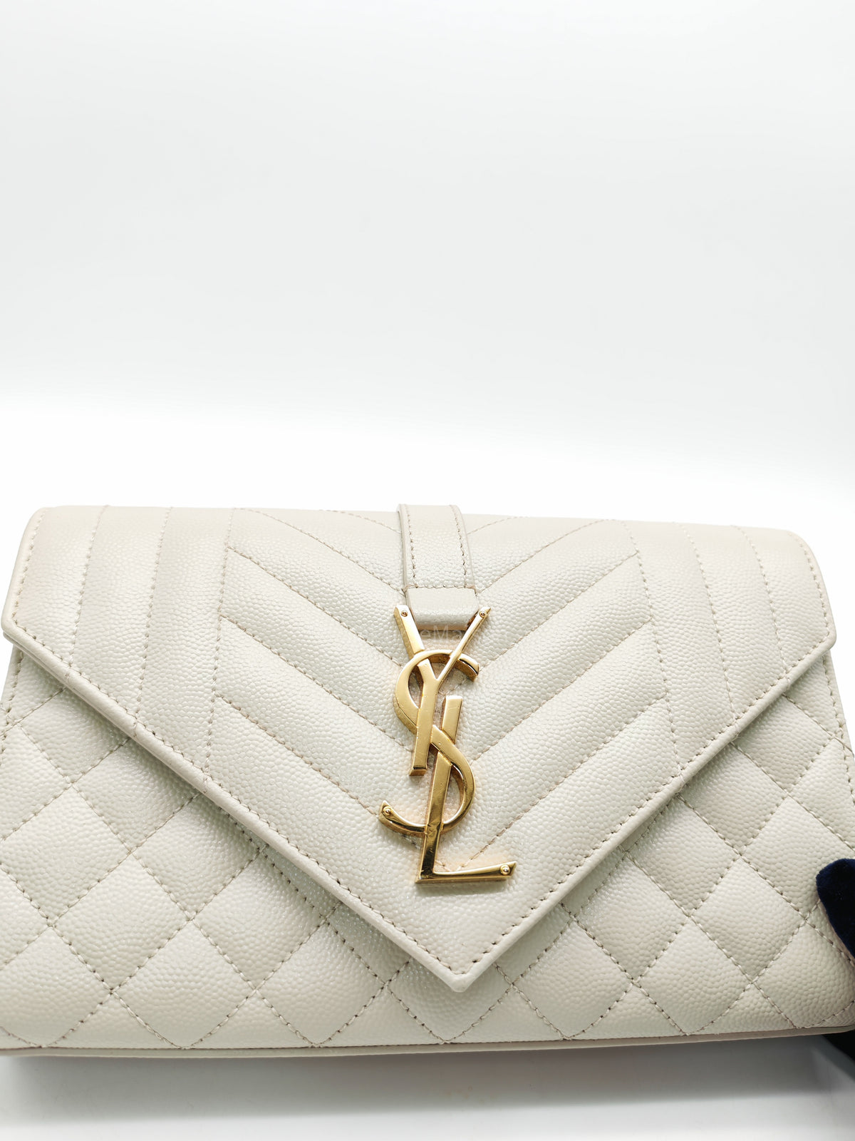 Yves Saint Laurent Monogram Envelope Bag Small in Off White Grain de Poudre Embossed Leather and Gold Hardware