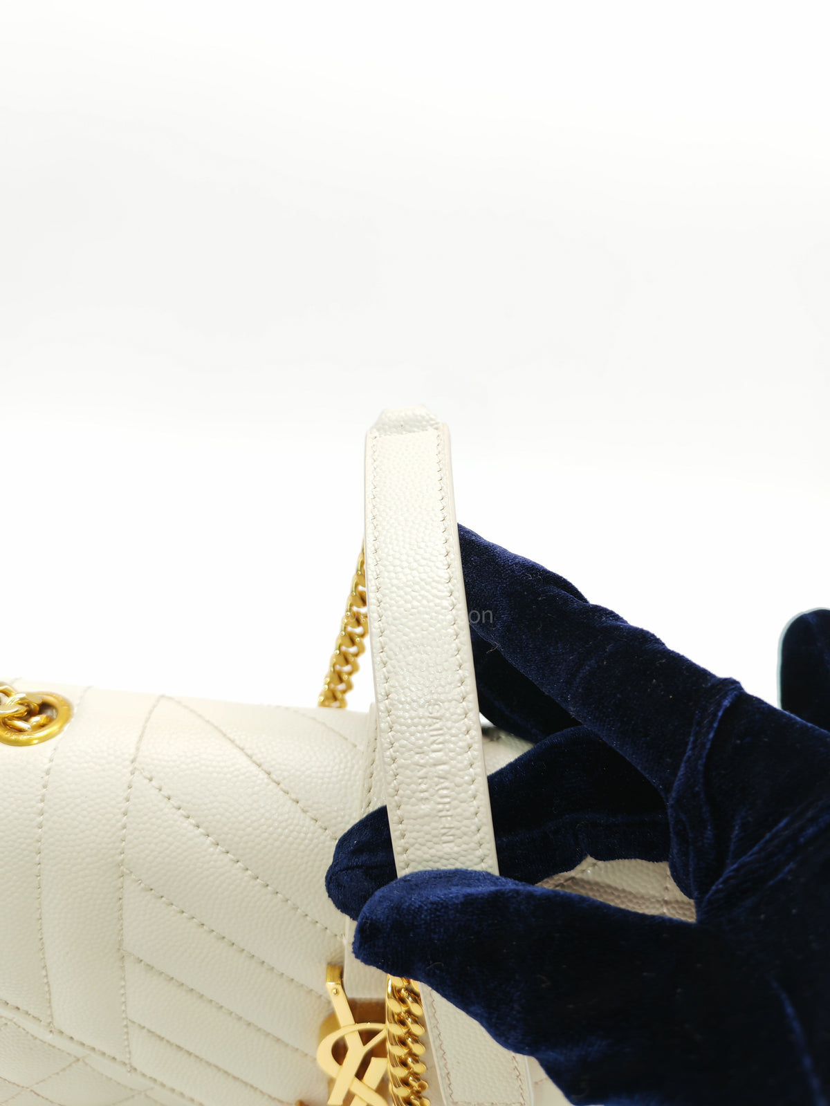 Yves Saint Laurent Monogram Envelope Bag Small in Off White Grain de Poudre Embossed Leather and Gold Hardware
