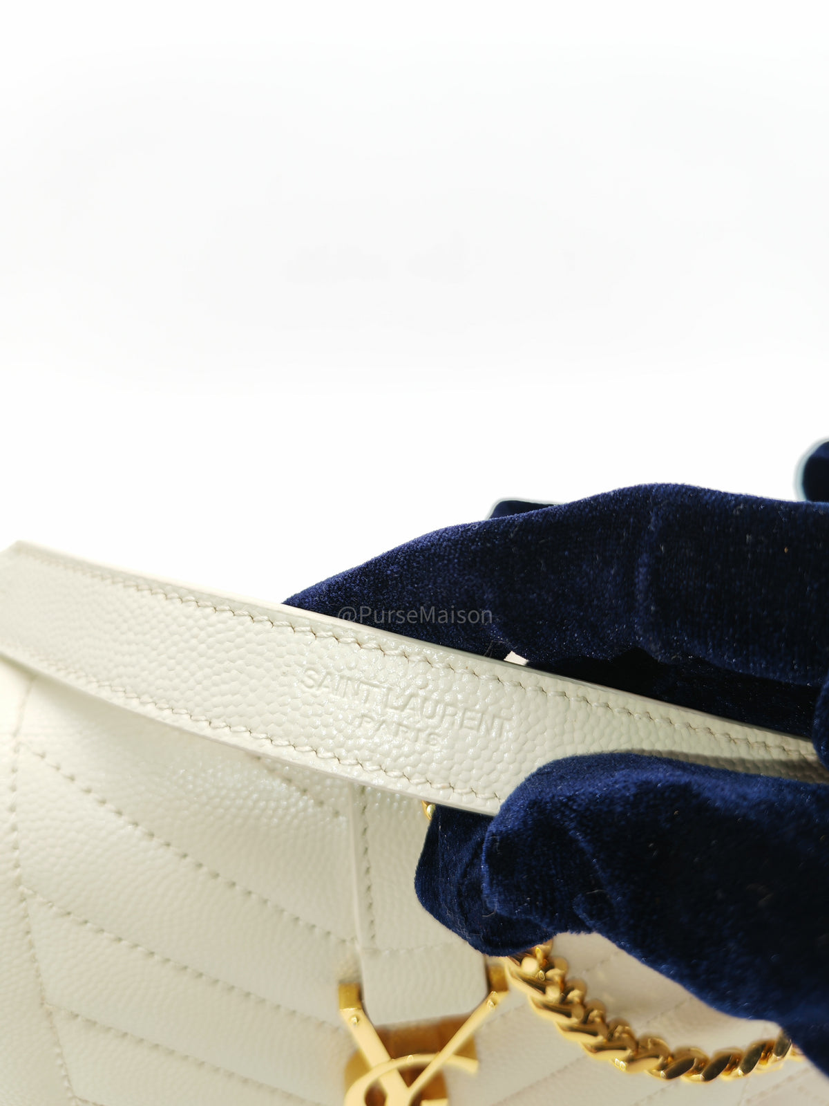 Yves Saint Laurent Monogram Envelope Bag Small in Off White Grain de Poudre Embossed Leather and Gold Hardware