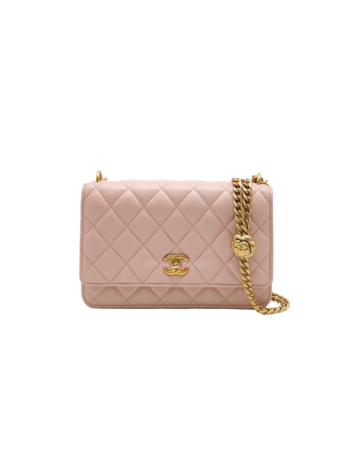 Chanel Turning Lock & Adjustable Chain Strap Wallet On Chain in Sakura Pink Lambskin Leather Aged Gold Hardware (Microchip)