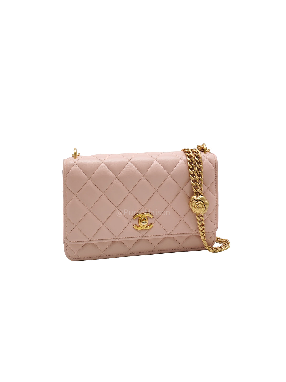 Chanel Turning Lock & Adjustable Chain Strap Wallet On Chain in Sakura Pink Lambskin Leather Aged Gold Hardware (Microchip)