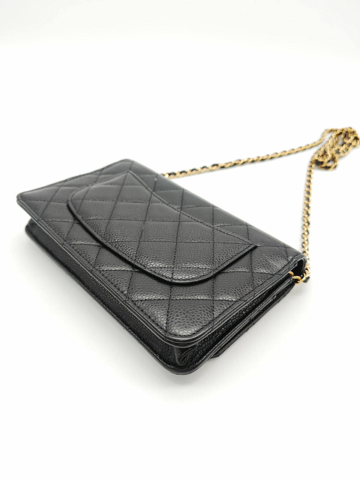 Chanel Classic Wallet On Chain (WOC) in Black Caviar Leather and Gold Hardware Microchip (2024)