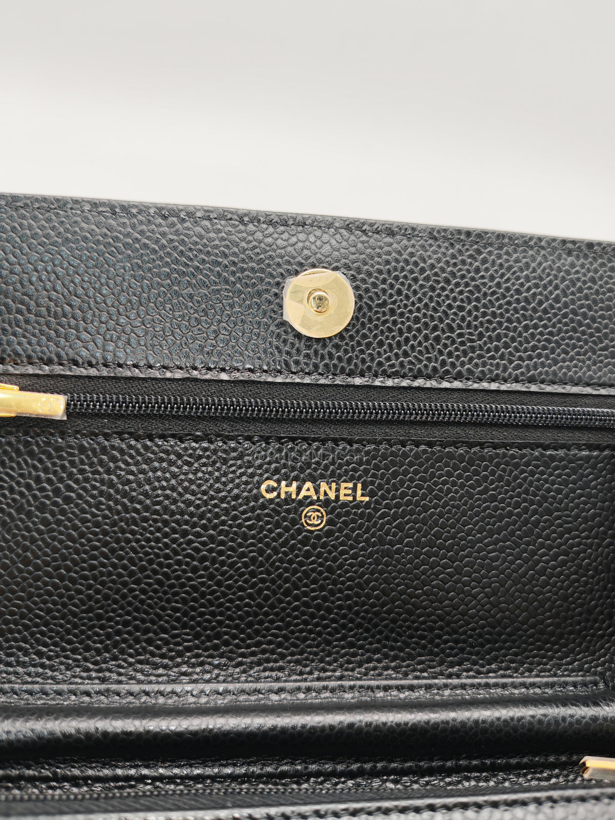 Chanel Classic Wallet On Chain (WOC) in Black Caviar Leather and Gold Hardware Microchip (2024)