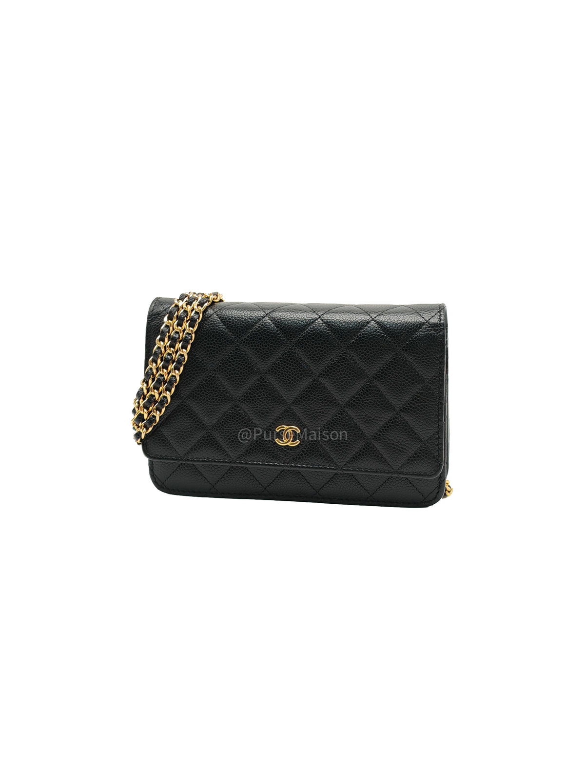 Chanel Classic Wallet On Chain (WOC) in Black Quilted Caviar Leather and Gold Hardware Series 29