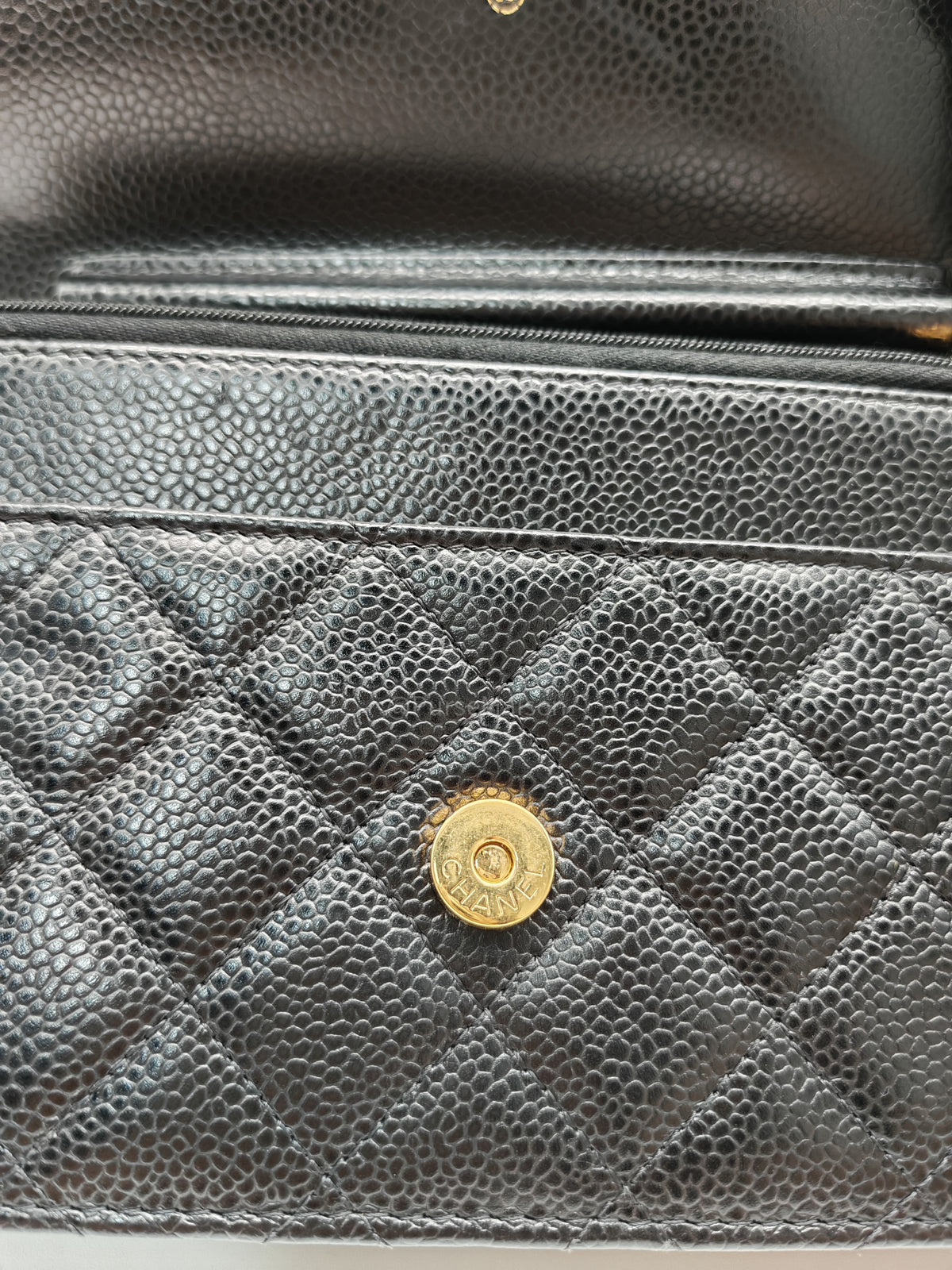 Chanel Classic Wallet On Chain (WOC) in Black Quilted Caviar Leather and Gold Hardware Series 29