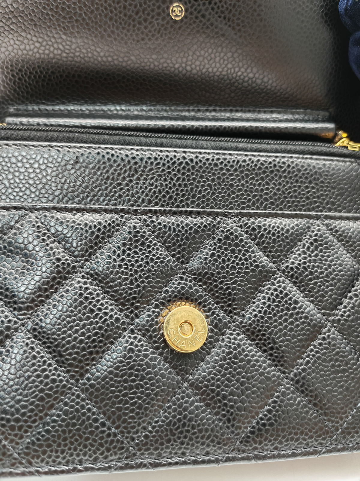 Chanel Classic Wallet On Chain (WOC) in Black Quilted Caviar Leather and Gold Hardware Series 29