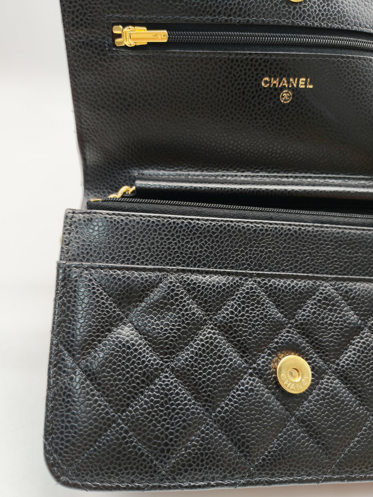 Chanel Classic Wallet On Chain (WOC) in Black Quilted Caviar Leather and Gold Hardware Series 29