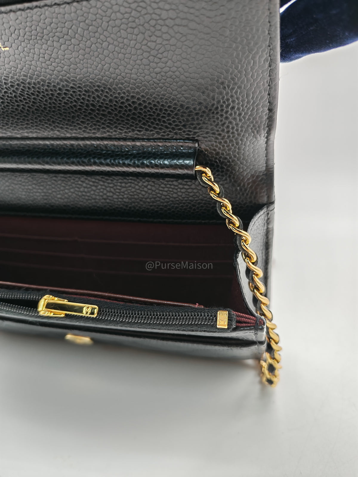Chanel Classic Wallet On Chain (WOC) in Black Quilted Caviar Leather and Gold Hardware Series 29