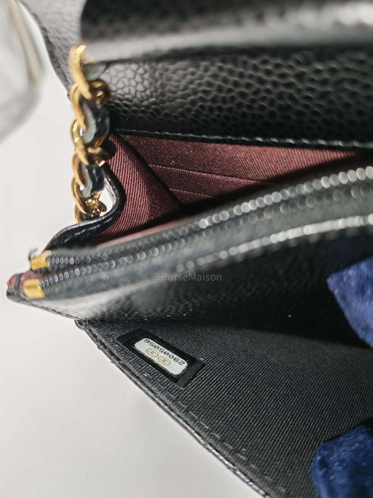 Chanel Classic Wallet On Chain (WOC) in Black Quilted Caviar Leather and Gold Hardware Series 29