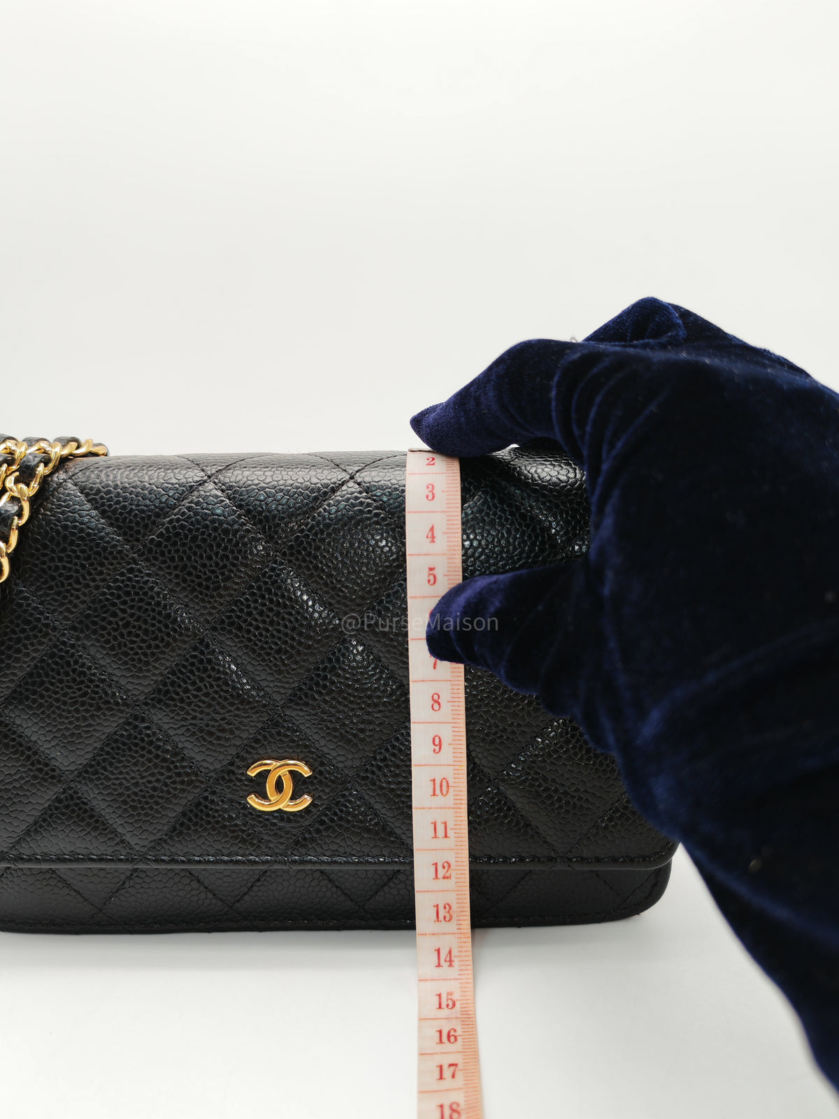 Chanel Classic Wallet On Chain (WOC) in Black Quilted Caviar Leather and Gold Hardware Series 29