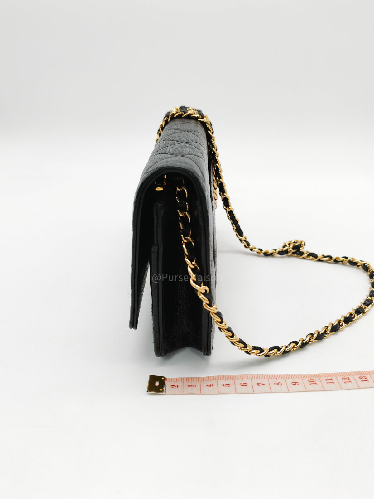 Chanel Classic Wallet On Chain (WOC) in Black Quilted Caviar Leather and Gold Hardware Series 29