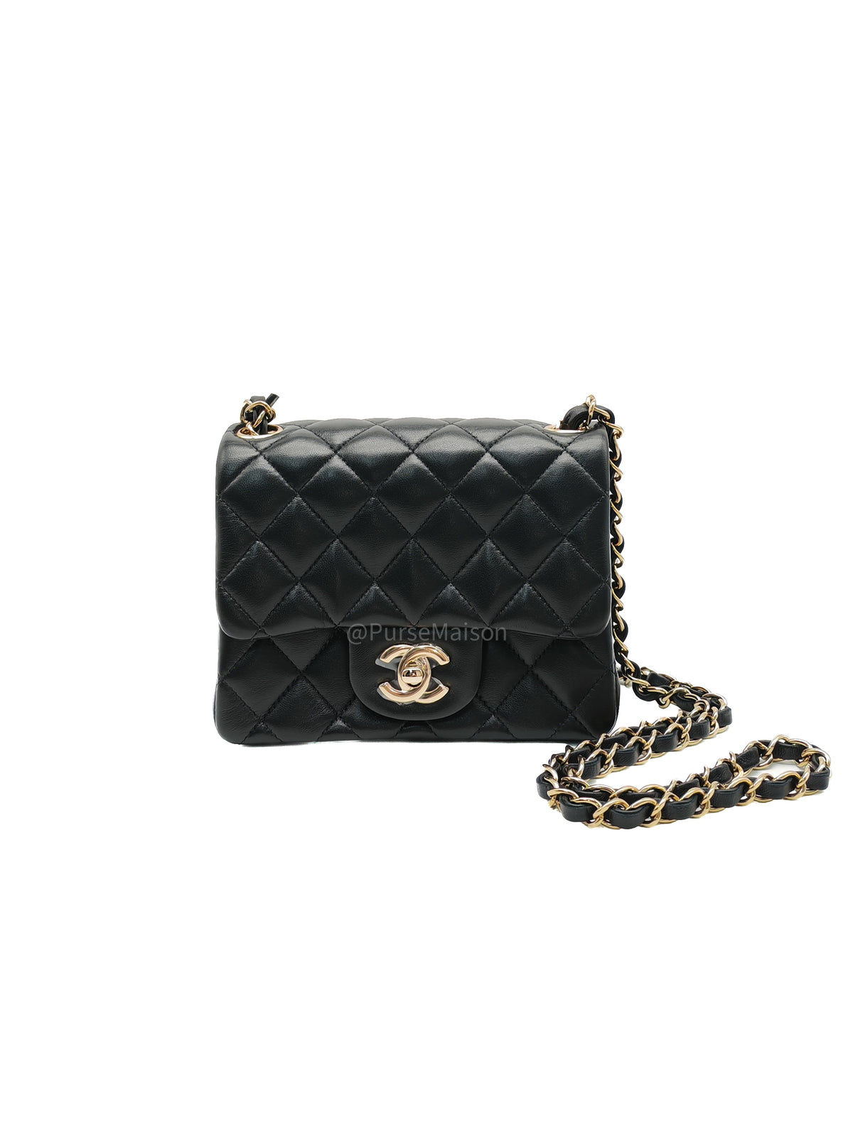 Chanel Mini Square Flap Bag in Black Quilted Lambskin Leather and Light Gold Hardware Microchip (T3****KK)