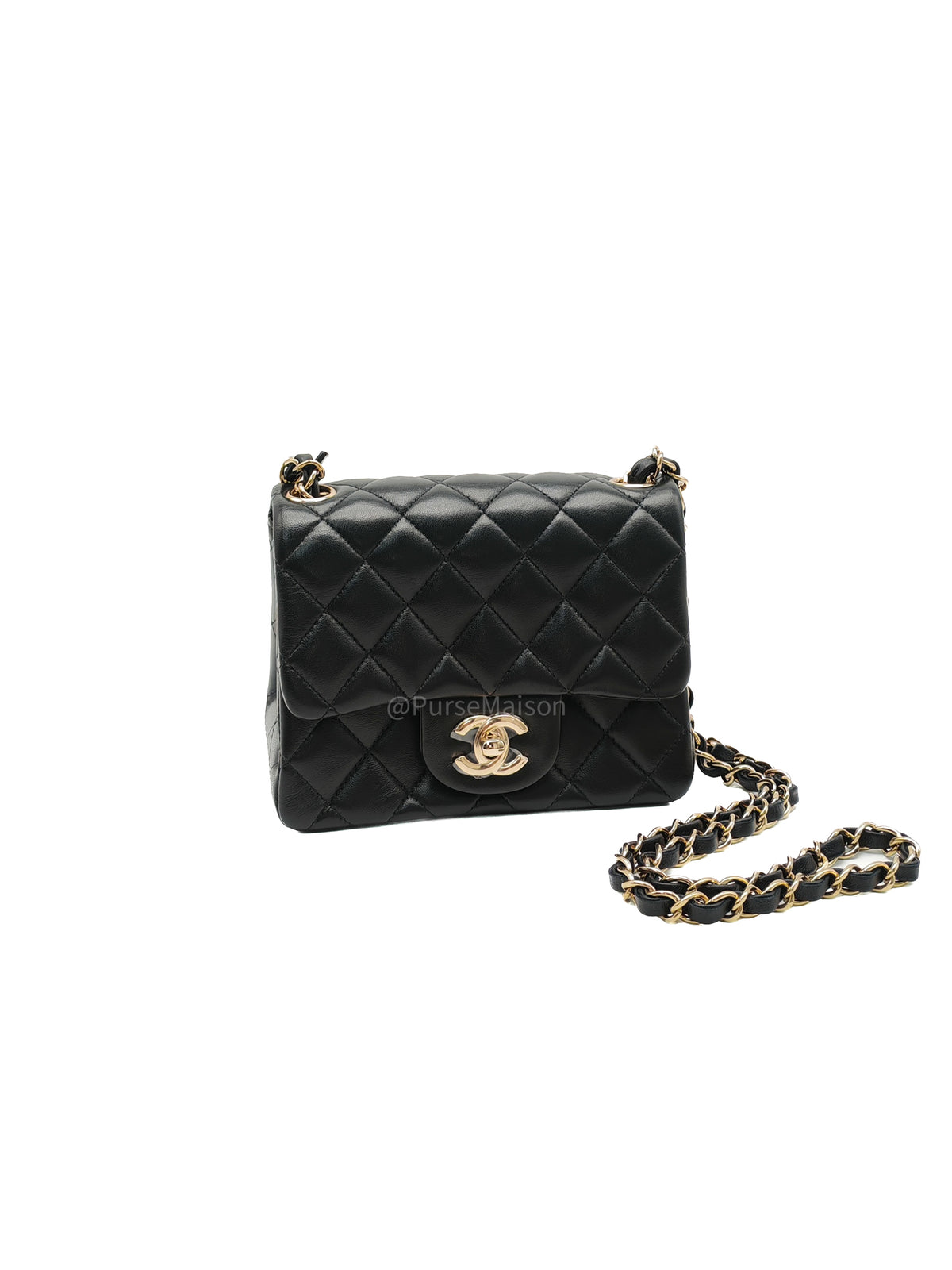 Chanel Mini Square Flap Bag in Black Quilted Lambskin Leather and Light Gold Hardware Microchip (T3****KK)