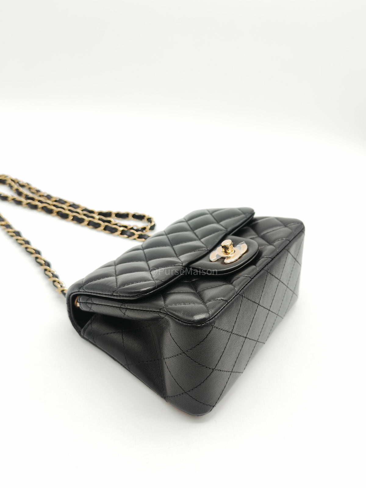 Chanel Mini Square Flap Bag in Black Quilted Lambskin Leather and Light Gold Hardware Microchip (T3****KK)