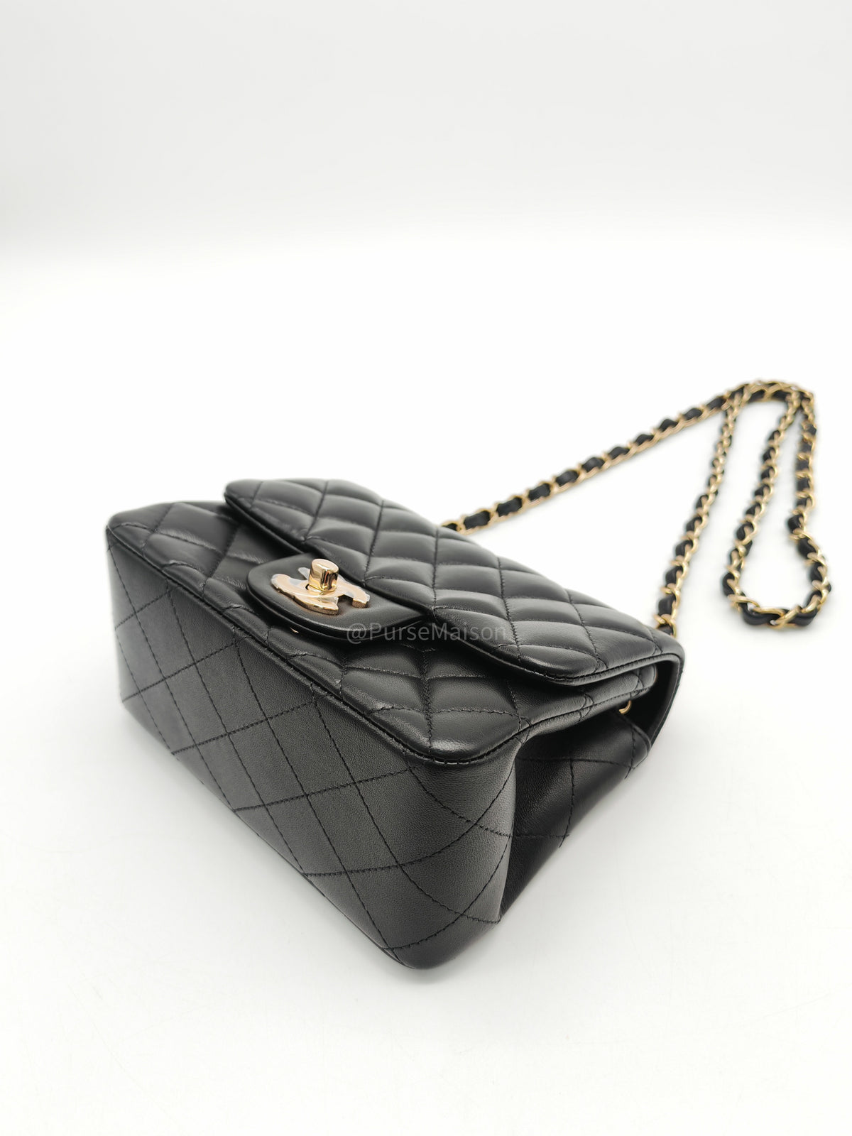 Chanel Mini Square Flap Bag in Black Quilted Lambskin Leather and Light Gold Hardware Microchip (T3****KK)