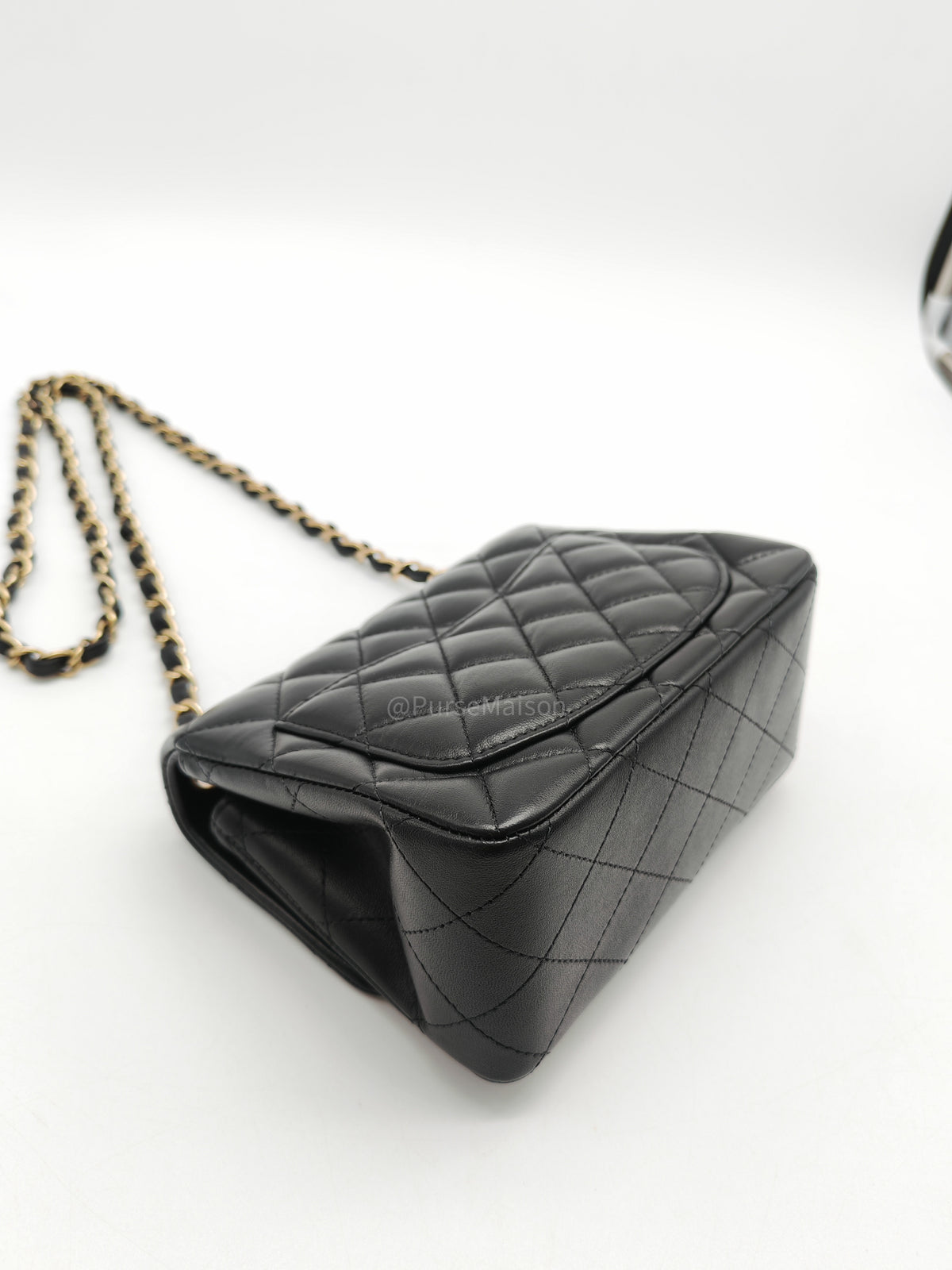 Chanel Mini Square Flap Bag in Black Quilted Lambskin Leather and Light Gold Hardware Microchip (T3****KK)