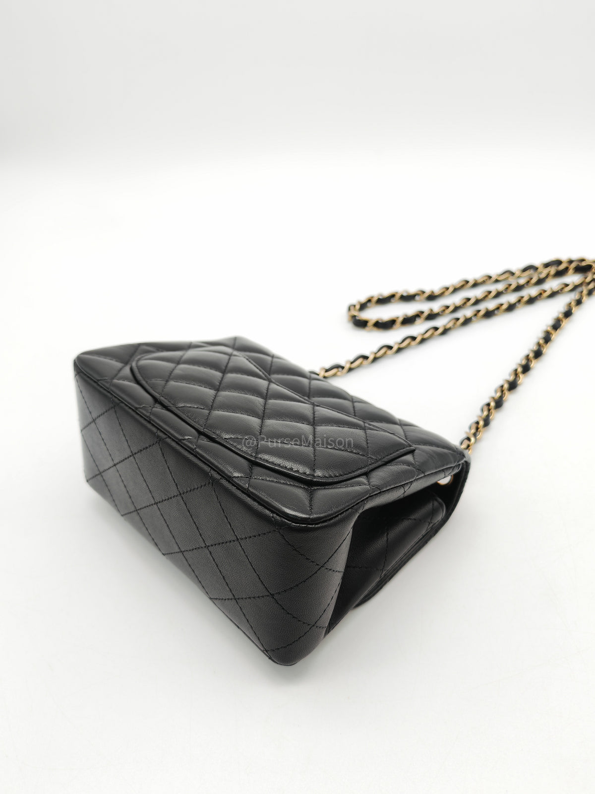 Chanel Mini Square Flap Bag in Black Quilted Lambskin Leather and Light Gold Hardware Microchip (T3****KK)