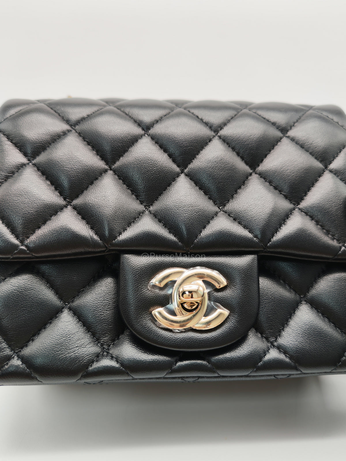 Chanel Mini Square Flap Bag in Black Quilted Lambskin Leather and Light Gold Hardware Microchip (T3****KK)