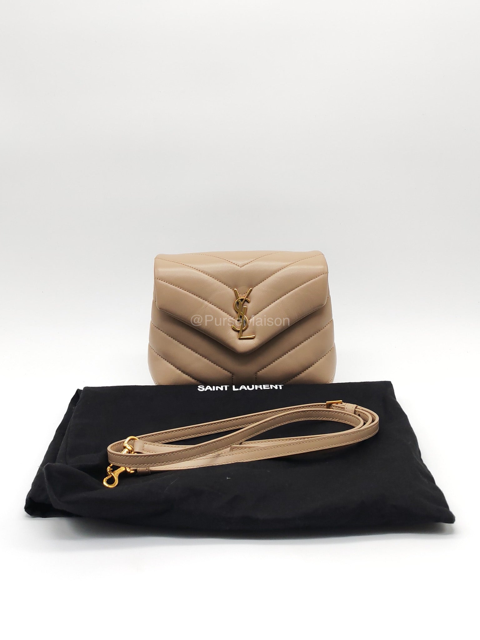 Yves Saint Laurent Toy Loulou Bag in Beige Chevron Quilted Calfskin Leather and Gold Hardware