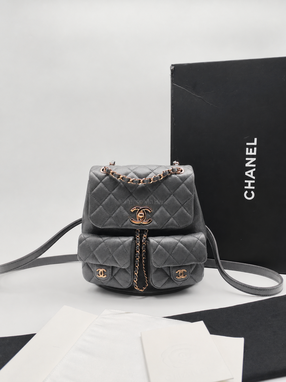 Mini Duma Backpack in Gray Quilted Caviar Leather and Light Gold Hardware (Microchip)