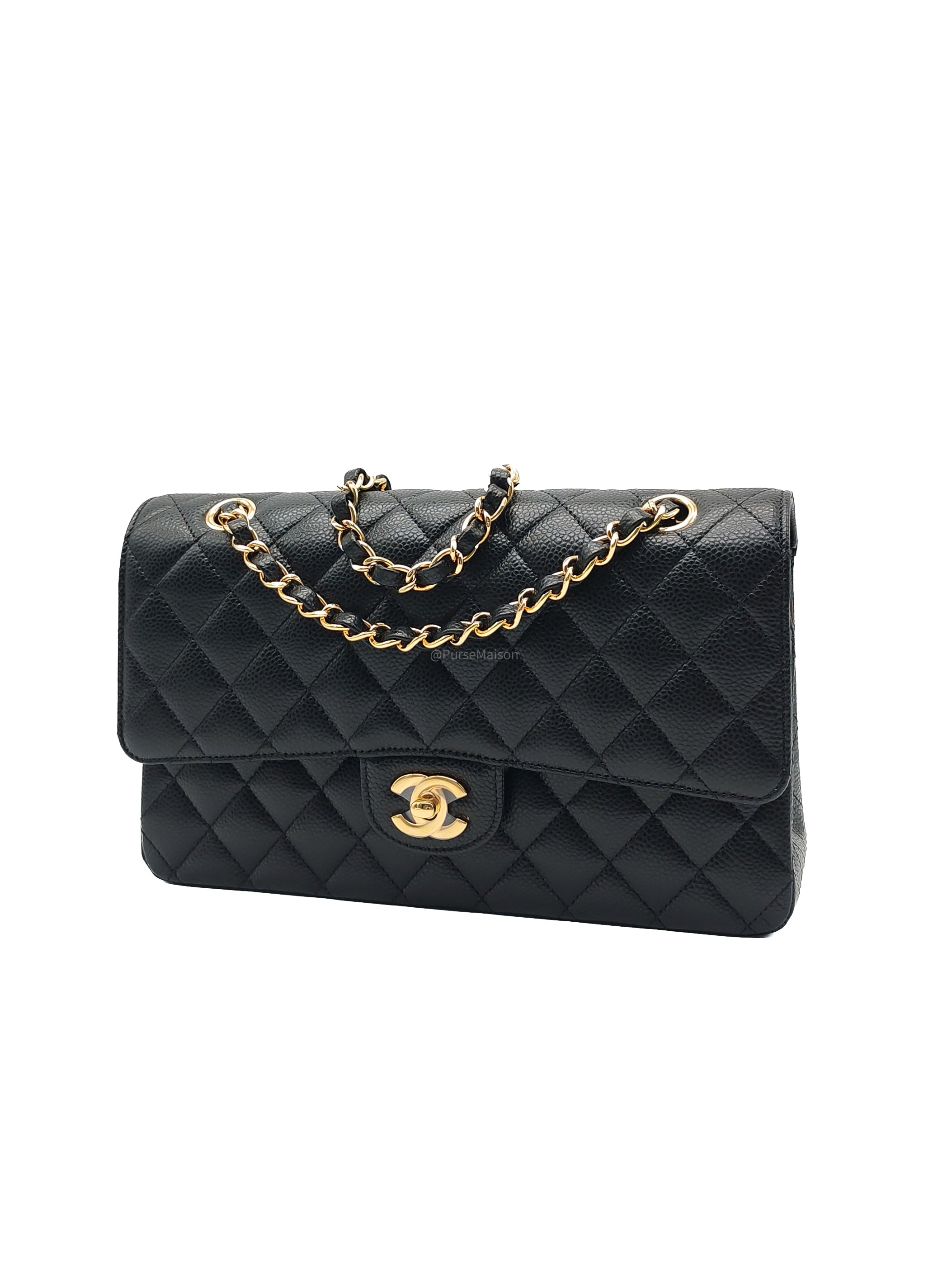 Chanel Classic Double Flap Medium in Black Quilted Caviar Leather & Gold Hardware Microchip