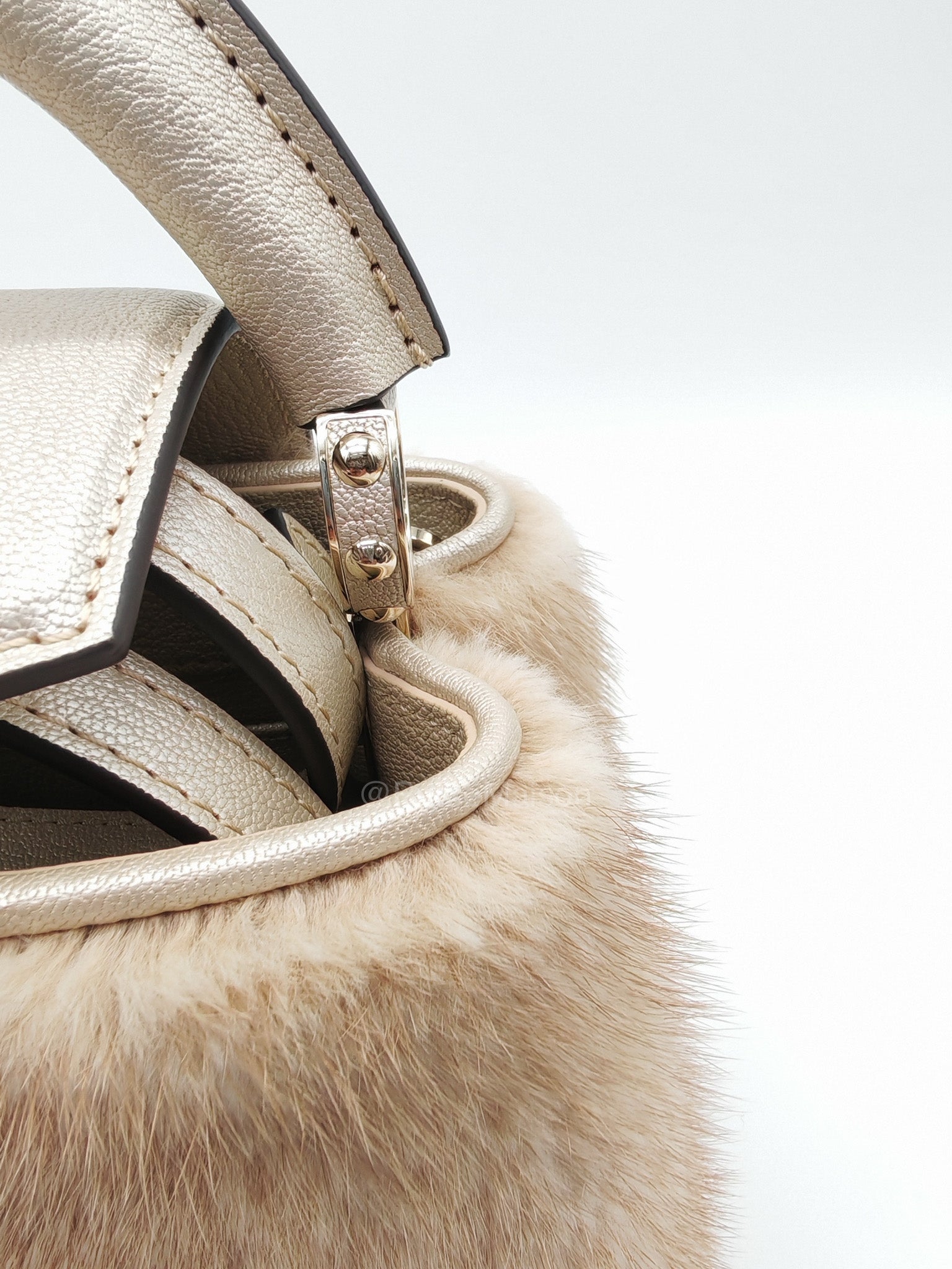 Louis Vuitton Capucines Handbag in Metallic Gold Goatskin Leather & Mink Fur (Microchip)