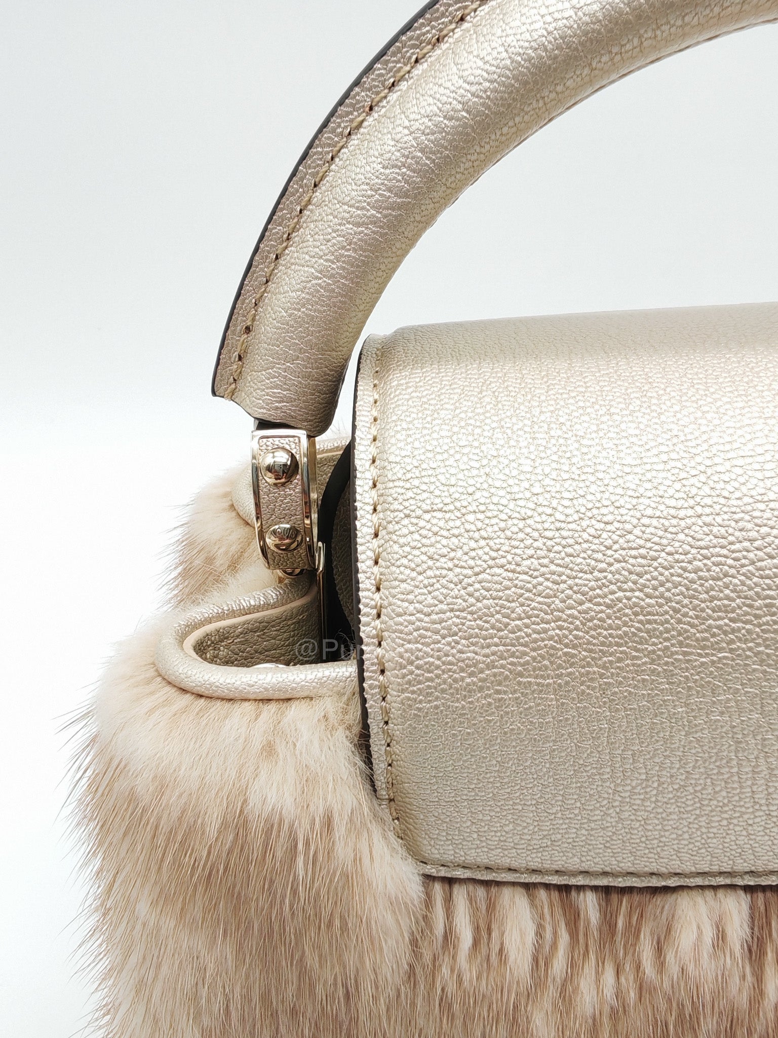 Louis Vuitton Capucines Handbag in Metallic Gold Goatskin Leather & Mink Fur (Microchip)