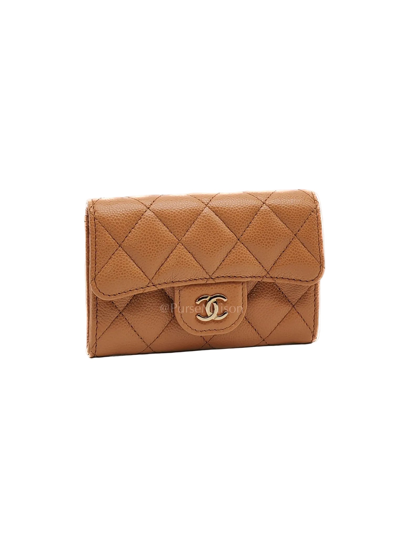 Chanel Classic Flap Card Holder in Caramel Quilted Caviar Leather and Light Gold Hardware (Microchip)
