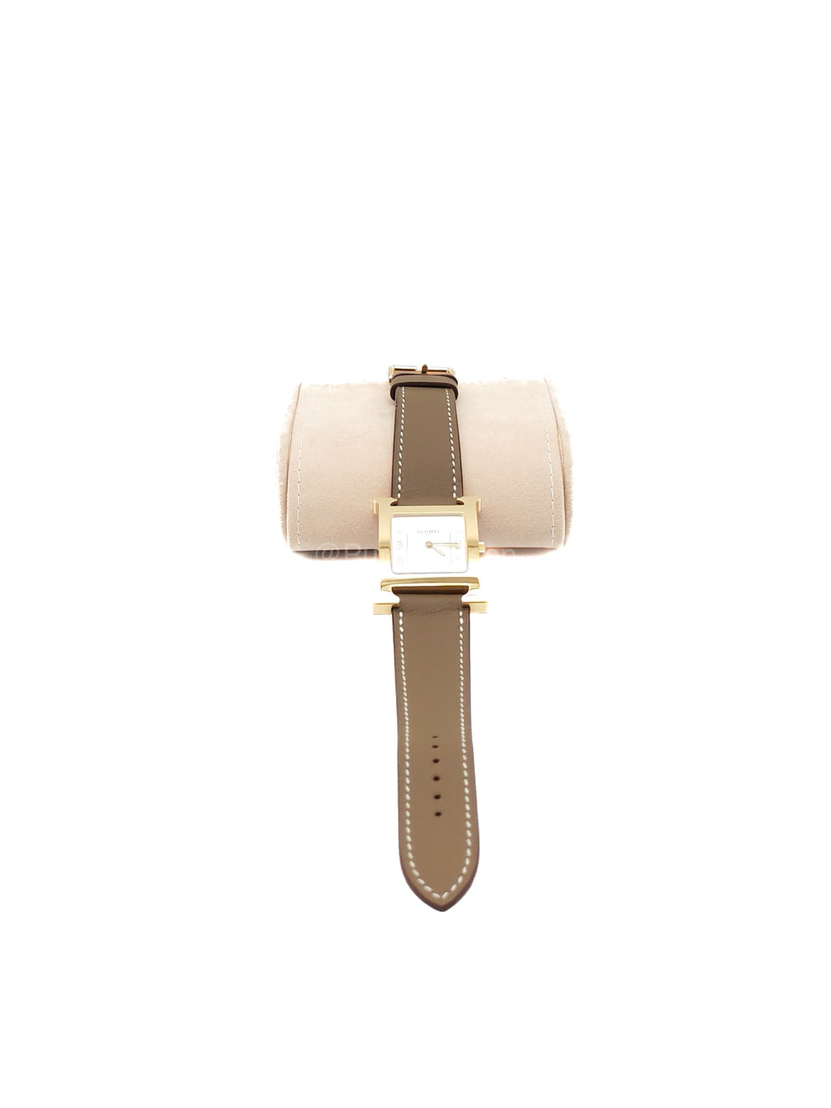Hermes Heure H Watch in Etoupe Swift Calfskin Leather Strap and Gold Plated Case White Dial