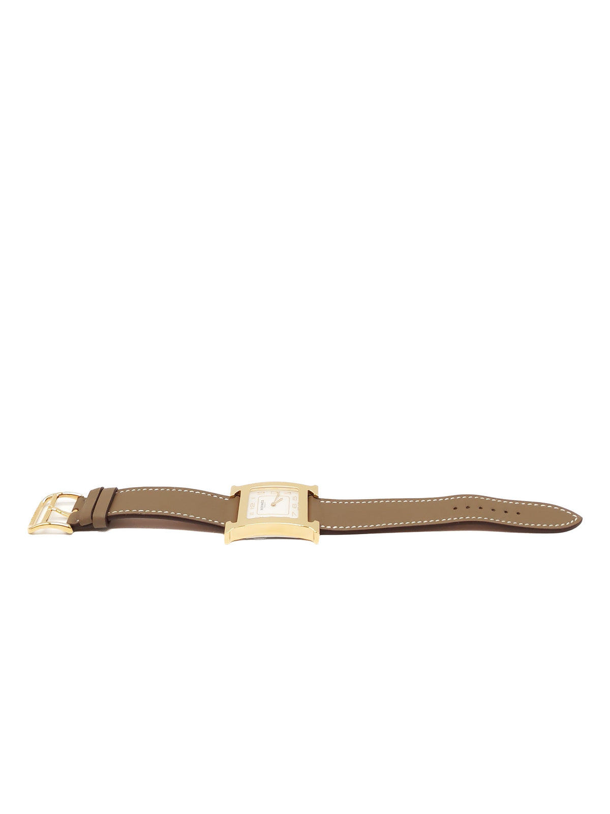 Hermes Heure H Watch in Etoupe Swift Calfskin Leather Strap and Gold Plated Case White Dial