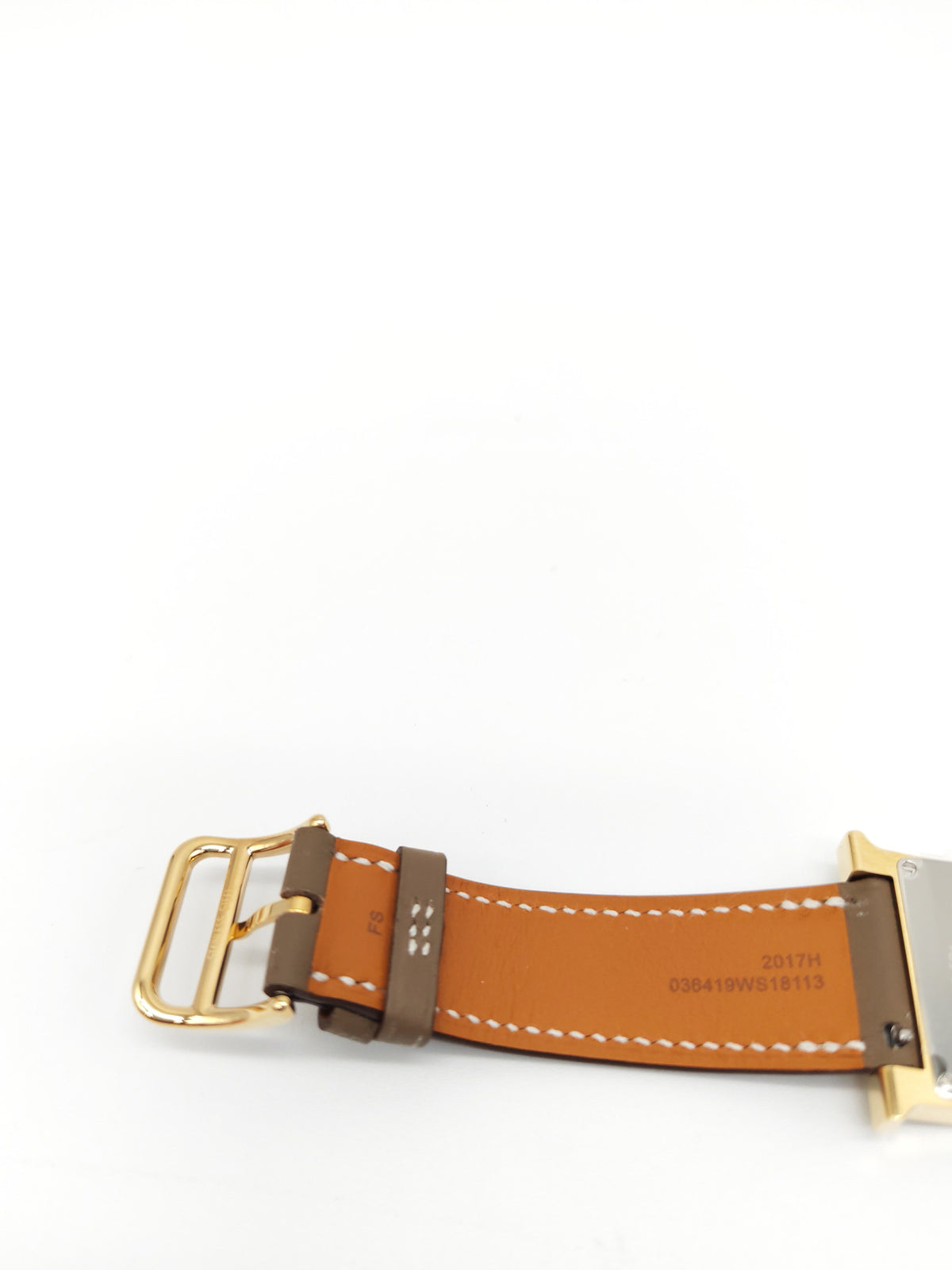 Hermes Heure H Watch in Etoupe Swift Calfskin Leather Strap and Gold Plated Case White Dial