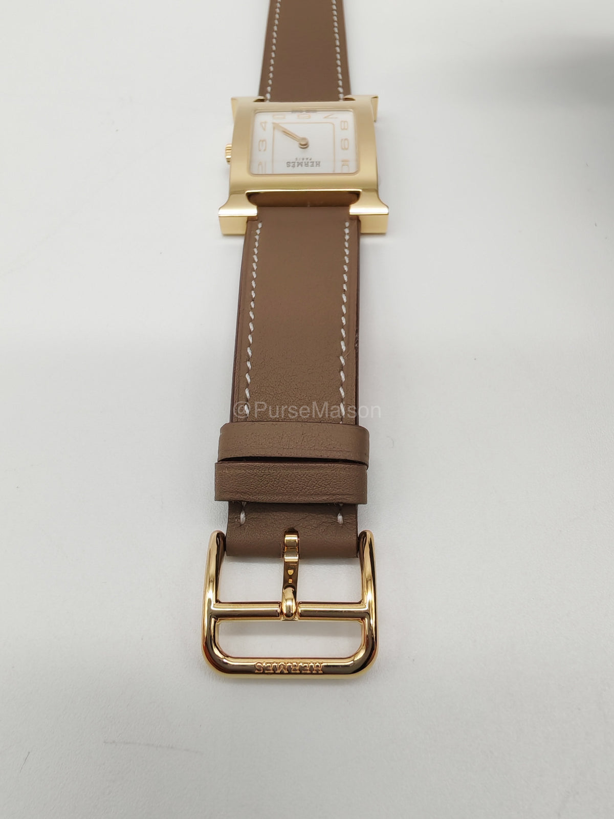 Hermes Heure H Watch in Etoupe Swift Calfskin Leather Strap and Gold Plated Case White Dial