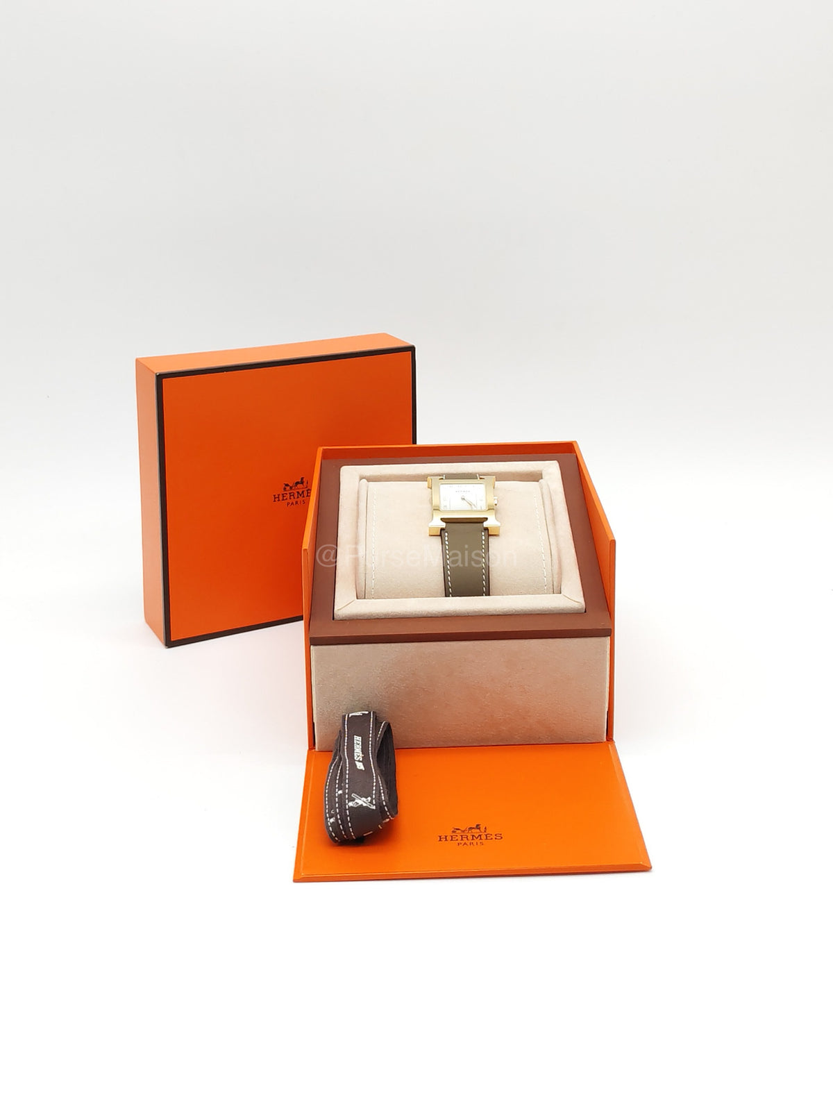 Hermes Heure H Watch in Etoupe Swift Calfskin Leather Strap and Gold Plated Case White Dial